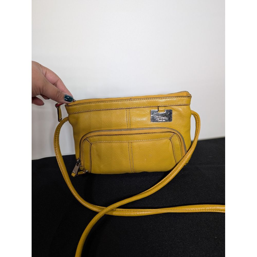 Tignanello Pebbled Leather Crossbody Shoulder Bag Purse Organizer Mustard Yellow